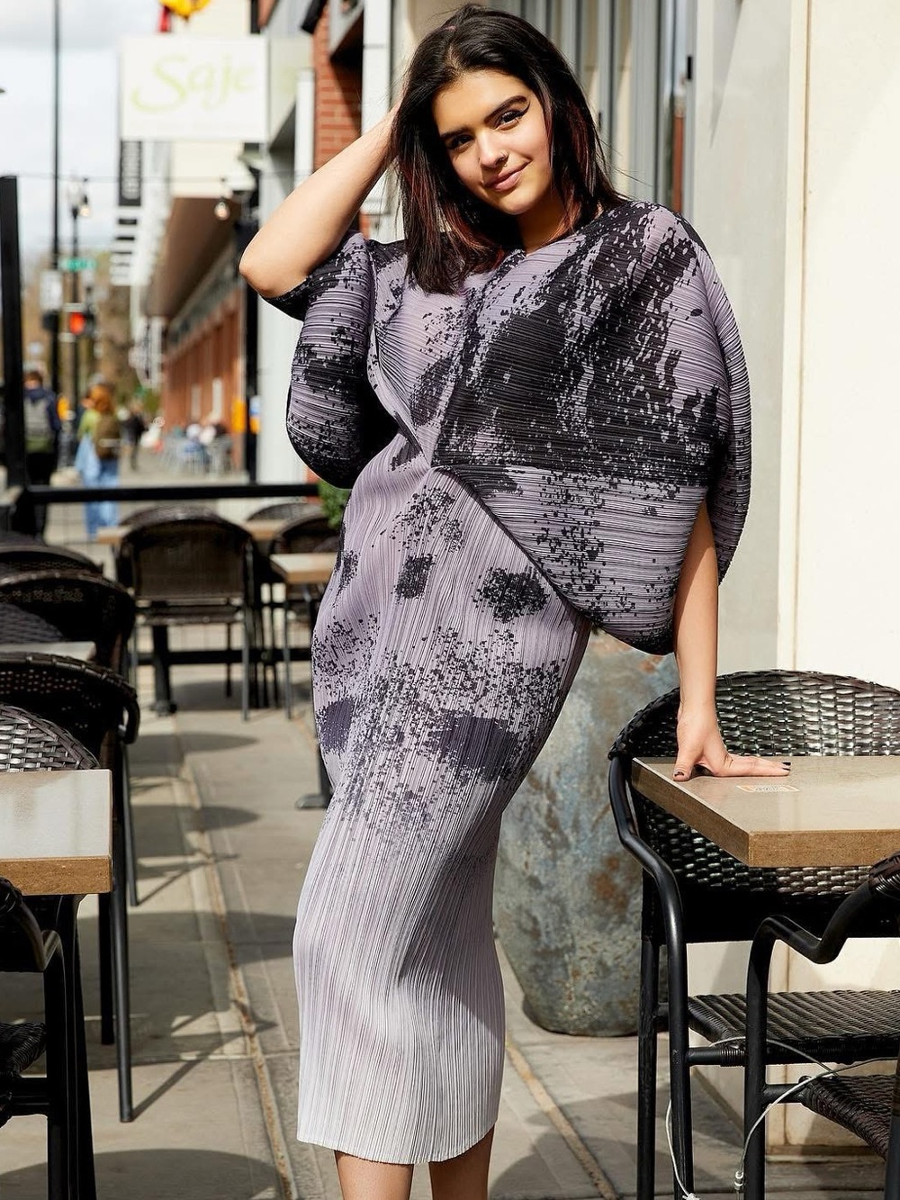 Kate Hewko Purple Abstract Print Pleated Dress with Statement Batwing Sleeves 6
